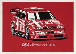  alfa_romeo_155 border british_touring_car_championship car grey_border michelin michelin_man monochrome motor_vehicle print_(medium) race_vehicle racecar red_background red_theme spoiler_(automobile) sponsor suganuma_naoki vehicle_focus vehicle_name 