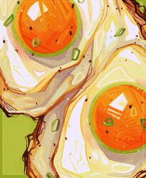 analogous_colors border breakfast close-up egg egg_(food) egg_yolk food food_focus fried_egg green_background green_border hatching_(texture) highres inset_border no_humans original pepper_(spice) quezify simple_background spring_onion still_life vegetable yellow_border 