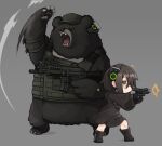  1girl animal assault_rifle bear black_hair boots daewoo_k5 ear_protection firing grey_background gun handgun highres holding holding_gun holding_weapon open_mouth original ran_system rifle sharp_teeth simple_background standing tactical_clothes teeth weapon yellow_eyes 