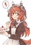  ! 1girl alternate_costume animal_ears blush brown_hair cake commentary_request eating enmaided food food_on_face hair_between_eyes hair_ornament highres horse_ears horse_girl horse_tail looking_at_viewer maid nakichi_n plate red_eyes still_in_love_(umamusume) tail umamusume veil white_background 