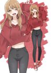  1girl absurdres alternate_costume alternate_hairstyle arm_up black_pants blonde_hair casual collarbone fashion full_body highres isshiki_iroha light_(lightpicture33) long_hair looking_at_viewer navel one_eye_closed open_mouth pants red_footwear red_sweater shoes sneakers solo sweater waving wide_sleeves yahari_ore_no_seishun_lovecome_wa_machigatteiru. yellow_eyes zoom_layer 