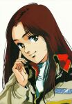  1980s_(style) 1girl christina_mackenzie earth_federation green_eyes gundam gundam_0080 head_tilt highres long_hair looking_at_viewer mikimoto_haruhiko military military_uniform official_art production_art promotional_art redhead retro_artstyle scan science_fiction traditional_media uniform 