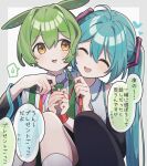  2girls :d animal_ears black_sleeves black_thighhighs blue_hair blush border bound bound_wrists closed_eyes cone_huraku detached_sleeves facing_viewer feet_out_of_frame frilled_shirt frills green_hair grey_border hair_between_eyes hair_intakes hatsune_miku heart knees_to_chest long_hair long_sleeves looking_at_another multiple_girls open_mouth outside_border rabbit_ears rabbit_girl ribbon ribbon_bondage shirt sideways_glance simple_background sitting sleeveless sleeveless_shirt smile spoken_sweatdrop sweatdrop teeth thigh-highs twintails tying upper_teeth_only vocaloid voicevox white_background white_shirt yellow_eyes zundamon 