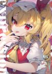  1girl ascot blonde_hair closed_mouth collared_shirt english_text fingernails flandre_scarlet frilled_shirt_collar frills gunjou_row hair_between_eyes hat long_fingernails long_hair long_sleeves looking_at_viewer mob_cap nail_polish pointy_ears red_eyes red_nails red_vest sharp_fingernails shirt short_sleeves side_ponytail slit_pupils solo touhou upper_body vest white_hat white_shirt yellow_ascot 