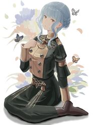  1girl blue_hair boots braid brown_eyes brown_footwear bug butterfly buttons closed_mouth commentary_request crown_braid dangouo_ty fire_emblem fire_emblem:_three_houses garreg_mach_monastery_uniform highres long_sleeves looking_at_viewer marianne_von_edmund short_hair short_hair_with_long_locks sidelocks solo uniform white_background 