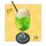  absurdres artist_name cup drinking_glass food food_focus highres ice_cream ice_cream_float melon_soda no_humans original spoon takisou_sou 