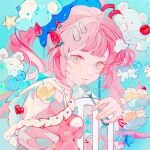  1girl animal bear blue_background cherry cirrika closed_mouth clouds colored_eyelashes cupcake curly_hair eyelashes food fork fruit heart highres holding holding_fork light_smile looking_at_viewer multiple_tails original pink_eyes pink_hair pink_sleeves plate ponytail puffy_sleeves smile sprinkles square star_(symbol) strawberry tail two_tails umbrella unicorn wispy_bangs 