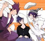  3boys ^_^ adapted_costume black_hat black_pajamas black_shirt black_sleeves blue_hair buttons checkered_clothes checkered_headwear closed_eyes collarbone collared_shirt danganronpa_(series) danganronpa_v3:_killing_harmony eyelashes face-to-face facial_hair feet_out_of_frame fingernails goatee grin hair_between_eyes hat head_tilt holding holding_pillow light_smile long_sleeves looking_at_another momota_kaito motion_blur multicolored_buttons multiple_boys nervous_smile nightcap oma_kokichi on_bed open_mouth orange_background pajamas pants pectoral_cleavage pectorals pillow pillow_stack pinstripe_pattern pinstripe_shirt pom_pom_(clothes) purple_hair purple_robe robe saihara_shuichi sharp_teeth shirt short_hair simple_background sitting smile spiky_hair striped_background sweatdrop teeth throwing two-tone_headwear u_u_ki_u_u under_covers unmoving_pattern upper_teeth_only vertical-striped_sleeves white_hat white_pajamas white_pants white_shirt white_sleeves 