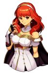  1girl arm_guards armor armored_boots bare_shoulders boots breasts cape celica_(fire_emblem) earrings fingerless_gloves fire_emblem fire_emblem_echoes:_shadows_of_valentia gloves hairband highres jewelry long_hair looking_at_viewer red_eyes redhead simple_background smgold smile solo tiara white_armor 