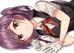  1girl ahoge blush breasts brown_eyes gloves hagikaze_(kancolle) highres kamelie kantai_collection long_hair looking_at_viewer lying neck_ribbon on_side one_side_up purple_hair red_ribbon ribbon school_uniform shirt smile solo vest white_gloves white_shirt 