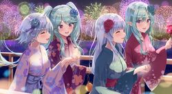  4girls absurdres beta_(kage_no_jitsuryokusha_ni_naritakute!) blunt_bangs blush choppy_bangs epsilon_(kage_no_jitsuryokusha_ni_naritakute!) fireworks floral_print_kimono green_hair hair_ornament highres holding_hands japanese_clothes kage_no_jitsuryokusha_ni_naritakute! kimono light_blush long_hair matsumoto_yuu multiple_girls parted_bangs purple_hair smile twintails violet_eyes yukata 