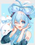  1girl aqua_eyes aqua_necktie arm_tattoo bare_shoulders black_sleeves blue_background blue_bow blue_hair blue_trim blush border bow cinnamiku cinnamoroll collared_shirt commentary detached_sleeves frilled_shirt frilled_shirt_collar frills grey_border grey_shirt hair_between_eyes hair_bow hair_ornament hands_on_own_face hands_up hatsune_miku heart highres long_sleeves looking_at_viewer mou_(mooooow) necktie number_tattoo one_eye_closed open_mouth outside_border sanrio shirt simple_background sleeveless sleeveless_shirt smile solo tattoo two-tone_background updo upper_body vocaloid 