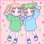  2girls :d arm_up bad_id bad_twitter_id blonde_hair blue_eyes blue_sweater braided_hair_rings chibi closed_mouth commentary_request cone_hair_bun double_bun fukuhara_ann full_body green_hair green_sweater hair_bun hair_ornament hand_up highres holding_hands interlocked_fingers long_sleeves looking_at_viewer morizono_wakana multiple_girls nekomachi_nao no_pants open_mouth pink_background pretty_rhythm pretty_rhythm_rainbow_live pretty_series shoes short_hair smile sneakers standing star_(symbol) star_hair_ornament sweater thigh-highs violet_eyes white_thighhighs 