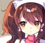  1girl :&lt; blush brown_eyes brown_hair closed_mouth earrings facing_viewer hair_between_eyes highres jewelry kujikawa_rise long_hair looking_to_the_side offbeat persona persona_4 solo sphere_earrings twintails upper_body 