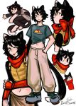  1girl animal_ears armor black_hair body_fur cat_ears cat_girl cat_tail dungeon_meshi food green_eyes hand_in_pocket highres izutsumi midriff omelet omurice pants rayosechi red_scarf scarf shirt shoes short_hair sleeping sneakers tail tied_shirt 