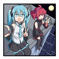  2girls ahoge aqua_eyes aqua_hair arm_tattoo bare_shoulders black_border black_shirt black_skirt boots border building collared_shirt detached_sleeves frontiersun full_moon hand_up hatsune_miku headphones highres kasane_teto long_hair looking_at_viewer moon multiple_girls night on_roof open_mouth outdoors red_eyes redhead selfie selfie_stick shirt sitting skirt skyscraper smile tattoo thigh_boots twintails utau v vocaloid white_shirt 