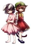  2girls :&lt; animal_ear_fluff animal_ears arms_behind_back bare_legs barefoot black_hair bloomers bow bowtie brown_eyes brown_hair carrot_necklace cat_ears cat_tail chen closed_mouth colorized commentary_request crossed_arms dress expressionless flat_chest frills full_body grey_eyes hat highres inaba_tewi jewelry ldarinl long_sleeves looking_at_another looking_to_the_side mary_janes mob_cap multiple_girls multiple_tails necklace nekomata petticoat pink_dress puffy_short_sleeves puffy_sleeves rabbit_ears rabbit_tail red_dress shadow shoes short_hair short_sleeves simple_background standing tail toenails touhou two_tails yellow_bow yellow_bowtie 