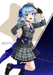  1girl blue_hair blue_ribbon breasts hand_on_own_hip highres hololive hoshimachi_suisei koizumike medium_hair open_mouth ribbon sky small_breasts star_(sky) starry_sky v 