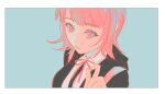  1girl black_jacket border collared_shirt danganronpa_(series) danganronpa_2:_goodbye_despair green_background hand_up highres jacket medium_hair nanami_chiaki neck_ribbon no_hair_ornament open_clothes open_jacket pink_eyes pink_hair pink_ribbon ribbon shirt solo teeth two-tone_shirt wa~a white_border 