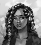  1girl braid closed_mouth commentary dark_skin english_commentary greyscale hair_ornament headphones humanization lapels lips long_hair looking_at_viewer marina_(splatoon) mole mole_under_mouth monochrome multiple_braids notched_lapels portrait realistic signature solo splatoon_(series) splatoon_2 stup-jam twitter_username very_dark_skin 