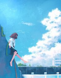  1girl absurdres blue_skirt blue_sky brown_hair clouds cumulonimbus_cloud highres original pool pool_ladder poolside saisho_(qpoujr) scenery school_uniform serafuku short_hair sitting skirt sky solo 