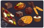  1boy almond black_background blush border chocolate cookie food food_focus fruit kawanabe nut_(food) orange_(fruit) orange_slice original pastry running solo white_border 