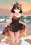  1girl antenna_hair beach black_clover black_dress black_hair clothes_lift clouds dress dress_lift evening f3968837 highres horns lifted_by_self ocean red_eyes red_horns sand secre_swallowtail smile soaking_feet solo 