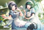  2girls absurdres apron black_hair blue_dress blue_eyes blunt_bangs bowl cheesecake copyright_name crossover d4dj dress food frilled_apron frilled_dress frills green_eyes green_hair hand_up highres holding holding_bowl holding_tray holding_whisk indoors lens_flare long_dress looking_at_viewer maid_apron maid_headdress megami_no_kafeterasu multiple_girls official_art one_eye_closed ono_shiragiku short_sleeves smile striped_clothes striped_dress togetsu_rei tray vertical-striped_clothes vertical-striped_dress waist_apron waitress whisk white_apron 