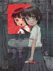  1girl bathroom black_hair blood blood_on_face creepy female holding holding_glass horror_(theme) looking_at_viewer mirror pipe pleated_skirt shattered short_hair sink solo sunny_waifu young 