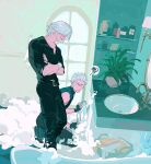  2boys argentum_1121 blue_eyes brothers bubble clothes dante_(devil_may_cry) devil_may_cry_(series) devil_may_cry_5 highres holding indoors laundry male_focus mature_male mirror multiple_boys muscular muscular_male siblings sink smile soap_bubbles twins vergil_(devil_may_cry) washing_machine white_hair 