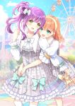  2girls amusement_park ascot blue_eyes blue_sky blurry blurry_background blush bow bowtie breasts cerise_bouquet clouds collared_dress commentary crossed_bangs dress dress_bow ferris_wheel floral_print_dress frilled_dress frills green_bow green_eyes grey_dress hair_bow hair_bun hairband hand_up highres hinoshita_kaho holiday_holiday_(love_live!) hug hug_from_behind link!_like!_love_live! lone_nape_hair long_hair long_sleeves looking_at_viewer love_live! medium_breasts medium_dress medium_hair multiple_girls orange_bow orange_hair otomune_kozue plaid plaid_dress puffy_long_sleeves puffy_sleeves purple_hair sakurai_makoto_(custom_size) side_ponytail sidelocks single_side_bun sky two_side_up virtual_youtuber white_ascot white_bow white_bowtie white_sleeves yellow_hairband 
