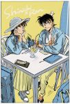  1boy 1girl black_hair blue_eyes blue_shirt chair character_name collared_shirt commentary_request cup drinking_straw green_pants green_skirt hand_on_own_face hat highres kudou_shin&#039;ichi long_hair long_skirt looking_at_viewer masso meitantei_conan mouri_ran pants shirt short_hair sitting skirt smile spoon v 