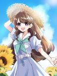 1girl :d absurdres aqua_neckerchief arm_up blue_sky blurry blurry_foreground breast_pocket brown_hair clouds collarbone commentary_request dress flower fujishima_megumi hasu_no_sora_school_uniform hat highres kanduki_kamibukuro link!_like!_love_live! long_hair long_sleeves looking_at_viewer love_live! neckerchief open_hand open_mouth pleated_dress pocket sailor_collar sailor_dress school_uniform short_sleeves sky smile solo straw_hat summer_uniform sun_hat sunflower two_side_up upper_body violet_eyes virtual_youtuber white_dress white_sailor_collar 