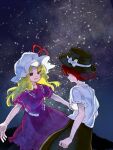  2girls black_hat black_skirt blonde_hair blouse bow brown_hair commentary_request fedora hat hat_bow hat_ribbon highres kimura8556spsk long_hair maribel_hearn mob_cap multiple_girls night night_sky open_mouth outdoors purple_shirt purple_skirt ribbon shirt short_hair short_sleeves skirt sky star_(sky) starry_sky taboo_japan_disentanglement touhou usami_renko violet_eyes white_bow white_hat white_shirt 