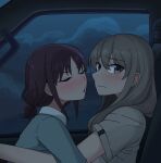  2girls blue_sky bluecloud blush car_interior closed_eyes closed_mouth clouds cloudy_sky commentary earclip girls_band_cry grey_eyes grey_shirt hashtag-only_commentary highres imminent_kiss iseri_nina kawaragi_momoka light_brown_hair long_hair looking_at_viewer multiple_girls night puckered_lips purple_hair shirt short_sleeves short_twintails sky twintails upper_body yuri 