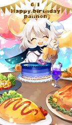  1girl :d ^_^ apple apple_slice artist_name balloon black_cape blush cake cape character_name cherry_tomato chicken_(food) closed_eyes commentary_request cup dated drink drinking_glass drooling egg_(food) eyelashes flower food fruit genshin_impact gold_trim hair_between_eyes hair_ornament halo hands_up happy happy_birthday hardboiled_egg hash_browns heart_balloon highres holding holding_flower ketchup lettuce long_sleeves medium_hair mondstadt_hash_brown_(genshin_impact) mouth_drool new_(new_gnsn) omelet omelette_rice_(genshin_impact) omurice open_mouth own_hands_together paimon_(genshin_impact) peas plate romper satisfying_salad_(genshin_impact) short_eyebrows sidelocks signature smile solo star_(symbol) star_hair_ornament string_of_flags sweet_madame_(genshin_impact) table tomato twitter_username v-shaped_eyebrows white_hair white_romper wolfhook_juice_(genshin_impact) 