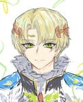  1boy alfred_(fire_emblem) ascot blonde_hair blue_cape cape circlet fire_emblem fire_emblem_engage green_eyes looking_at_viewer male_focus prince solo tandemaushold2 yellow_ascot 
