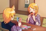  1boy 1girl ^_^ ahoge blush brother_and_sister card cherry_blossoms closed_eyes floral_print hair_down hair_ornament hairclip happy highres holding holding_card imminent_uno_loss_(meme) japanese_clothes kagamine_len kagamine_rin kimono low_twintails meme namazakana_yeah playing_card playing_games purple_kimono short_twintails siblings sitting sliding_doors sweatdrop swept_bangs table tatami twins twintails uno_(game) vocaloid wooden_chair wooden_table worried yukata 