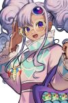  1girl absurdres akimachi dark-skinned_female dark_skin dress eyelashes forehead_jewel glasses highres jewelry long_hair long_sleeves looking_at_viewer meredy_(tales) necklace open_mouth purple_hair round_eyewear smile solo tales_of_(series) tales_of_eternia twintails upper_body violet_eyes white_background 