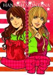  2girls american_flag blonde_hair bow brown_hair closed_mouth copyright_name earrings english_text flag_background green_eyes hannah_montana hoop_earrings jewelry miley_stewart multiple_girls open_mouth red_bow smile teeth torihuhu 