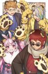  1girl 2022 3boys animal_ears animal_hands arm_up bans black_kimono blue_eyes blue_kimono blush border brown_hair brown_scarf chinese_zodiac closed_mouth commentary_request dice_earrings drop_earrings earrings extra_ears fake_animal_ears frown fur-trimmed_kimono fur_trim gatchmanv glasses gloves gradient_hair grin hair_over_one_eye hand_on_own_hip hand_up hands_up haori highres indie_virtual_youtuber japanese_clothes jewelry kimono long_bangs long_sleeves looking_at_viewer looking_over_eyewear maasa multicolored_eyes multicolored_hair multiple_boys one_eye_covered open_mouth outside_border paw_gloves paw_pose pink_eyes pink_kimono print_kimono rabbit_ears red_eyes red_kimono redhead scar scar_on_cheek scar_on_face scarf sharp_teeth short_hair smile streaked_hair sunglasses symbol-shaped_eyes teeth tenkai_tsukasa tiger_ears tomari_mari utai_meika v-shaped_eyebrows virtual_youtuber white_border wide_sleeves year_of_the_tiger yellow_eyes 