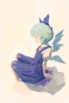  1girl absurdres blue_dress blue_eyes blue_hair cirno collared_shirt dress fairy_wings feet_out_of_frame from_side highres ice ice_wings neck_ribbon nepperoni pinafore_dress profile puffy_short_sleeves puffy_sleeves red_ribbon ribbon shirt short_hair short_sleeves sitting sleeveless sleeveless_dress solo touhou white_shirt wings 