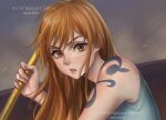  1girl arm_tattoo artist_name bare_shoulders commentary english_commentary english_text holding holding_staff long_hair looking_at_viewer mari945 nami_(one_piece) one_piece orange_eyes orange_hair sleeveless solo staff tattoo 