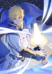  1boy ahoge armor arthur_pendragon_(fate) black_background blonde_hair blue_cape blue_shirt breastplate cape closed_mouth cowboy_shot cross-laced_clothes cross-laced_sleeves excalibur_(fate/prototype) fate/grand_order fate_(series) faulds fighting_stance floating_cape fur_trim gauntlets glowing glowing_sword glowing_weapon green_eyes hair_between_eyes highres holding holding_sword holding_weapon light_particles looking_at_viewer male_focus pauldrons serious shirt short_hair shoulder_armor solo standing sword v-shaped_eyebrows waist_cape weapon wuren_daoshang_dekezong 