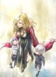  1girl 2boys aged_down black_dress blonde_hair blue_eyes brothers child closed_eyes dante_(devil_may_cry) devil_may_cry_(series) devil_may_cry_5 dress eva_(devil_may_cry) family highres holding holding_hands long_dress long_hair mother_and_son multiple_boys parent_and_child siblings simple_background smile vergil_(devil_may_cry) white_hair yse5959 