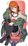  1girl absurdres ahoge akiyoshi_nozomu behind-the-head_headphones black_shorts black_thighhighs brown_hair candy chair crossed_ankles food fur-trimmed_jacket fur_trim gaming_chair glasses green_jacket grin headphones highres holding holding_candy holding_food holding_lollipop jacket lollipop looking_at_viewer no_shoes off_shoulder orange_hair persona persona_5 sakura_futaba short_shorts shorts simple_background sitting smile solo swivel_chair thigh-highs v-shaped_eyebrows violet_eyes white_background 