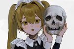  1girl :o black_shirt blonde_hair blush collared_shirt dot_nose hair_between_eyes hair_intakes hands_up highres holding holding_skull inu_dakisime long_hair long_sleeves looking_at_viewer maid maid_headdress open_mouth original portrait shirt sidelocks simple_background skull solo straight-on white_background yellow_eyes 