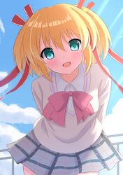  1girl :d absurdres aqua_eyes arms_behind_back blonde_hair blue_sky blush bow clouds collared_shirt commentary_request cowboy_shot day green_shirt hair_between_eyes hair_ornament hair_ribbon happy hibari_smile highres kamikita_komari leaning_forward little_busters! little_busters!_school_uniform long_ribbon long_sleeves looking_at_viewer medium_hair miniskirt open_mouth outdoors pink_bow plaid_clothes plaid_skirt red_ribbon ribbon school_uniform shirt sidelighting skirt sky smile solo star_(symbol) star_hair_ornament straight-on sunlight sweater two_side_up white_shirt yellow_sweater 