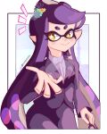  1girl absurdres black_suit border bow-shaped_hair bright_pupils callie_(splatoon) closed_mouth commentary english_commentary eyelashes highres hoshinokotta inkling long_hair notice_lines outside_border pointy_ears purple_hair reaching reaching_towards_viewer see-through_bowtie short_eyebrows smile solo splatoon_(series) splatoon_3 star-shaped_pupils star_(symbol) suit symbol-shaped_pupils tentacle_hair thick_eyebrows very_long_hair white_border white_pupils yellow_eyes 