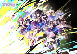  3girls absurdres bare_shoulders black_hair blonde_hair blue_hair brown_hair cometik_(idolmaster) cometik_note_(idolmaster) copyright_name crossed_bangs hair_ornament highres idol idolmaster idolmaster_shiny_colors ikaruga_luca ikuta_haruki light_blue_hair logo long_bangs long_hair looking_ahead medium_hair multicolored_hair multiple_girls official_art refulgent_plumage_(idolmaster) short_hair smile socks streaked_hair suzuki_hana transforming_clothes yellow_eyes yellow_socks 